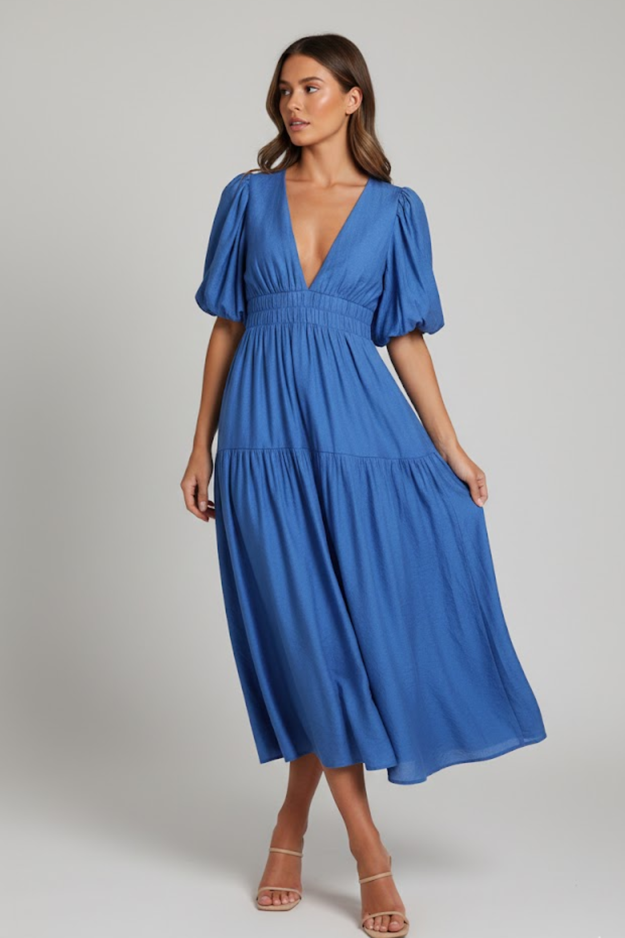 Indie | Midi Dress with V-Neck and Puff Sleeves