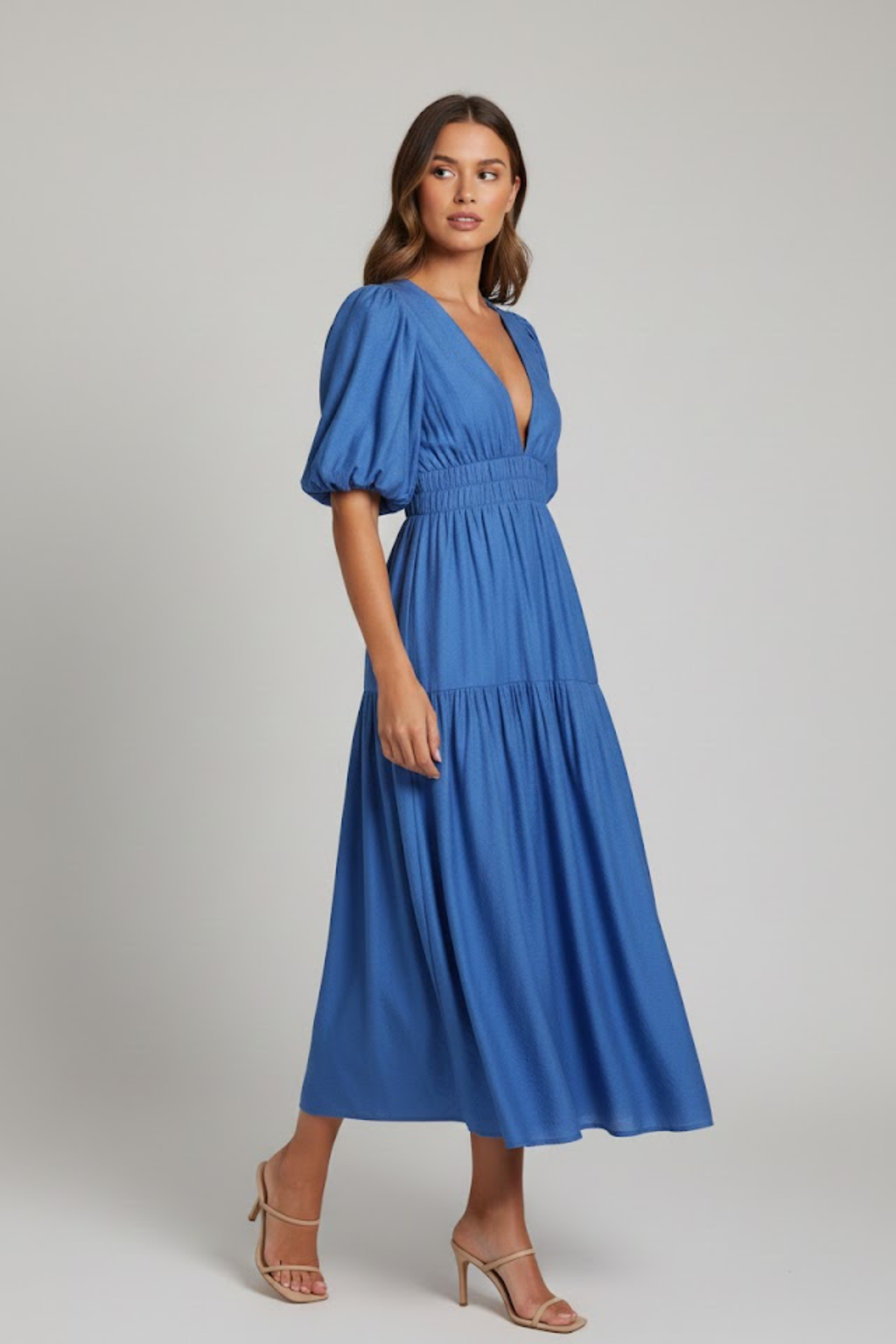 Indie | Midi Dress with V-Neck and Puff Sleeves