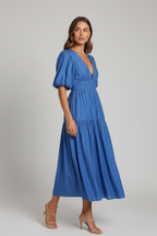 Indie | Midi Dress with V-Neck and Puff Sleeves
