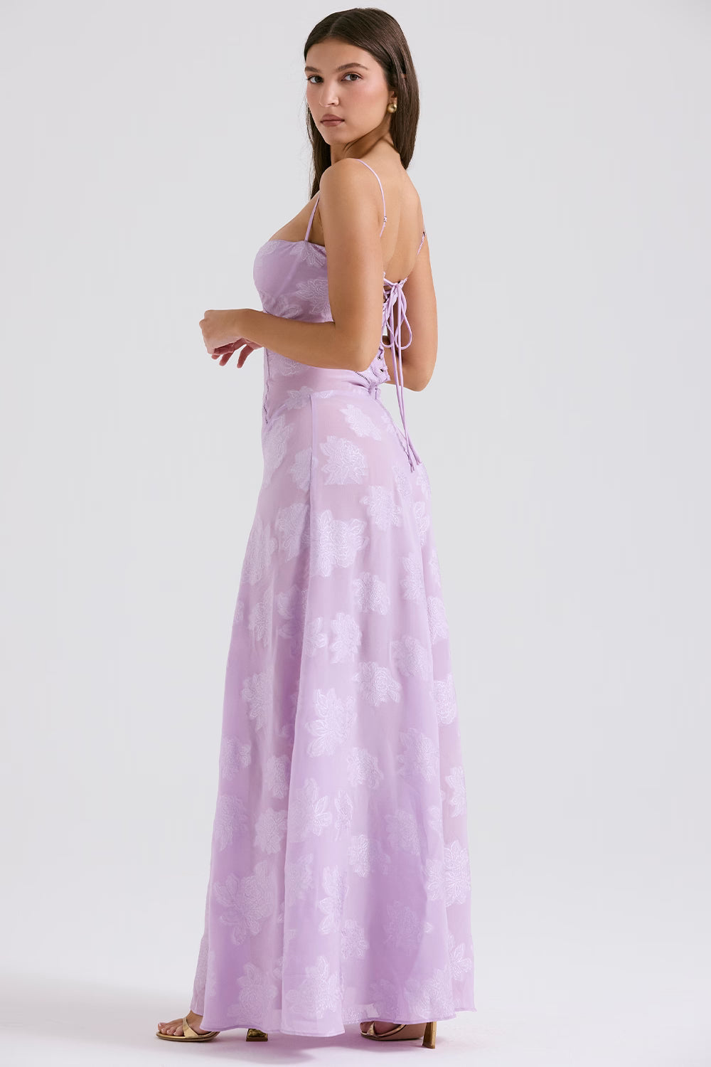 Adelle | Floral Jacquard Lace-Up Maxi Dress