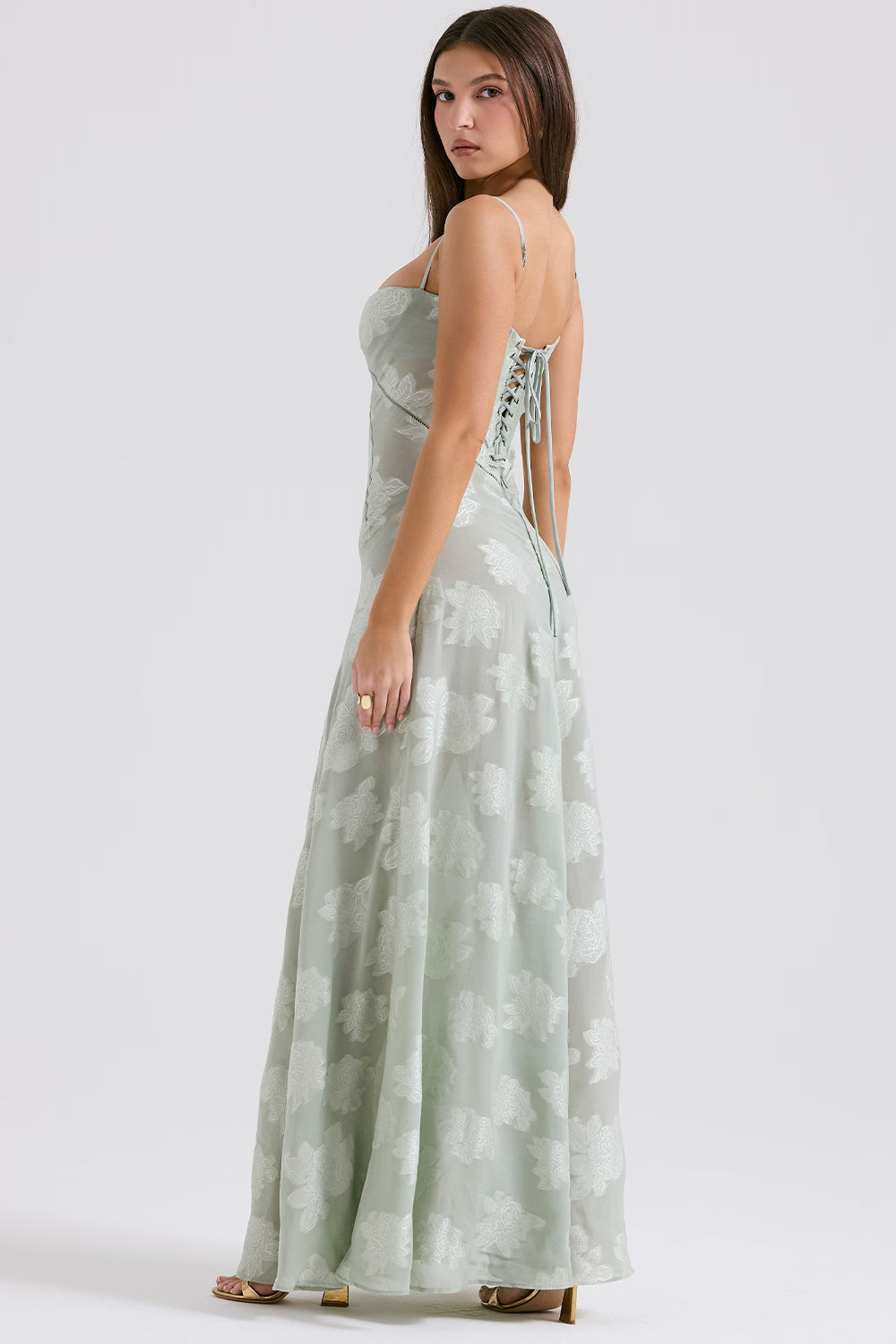 Adelle | Floral Jacquard Lace-Up Maxi Dress