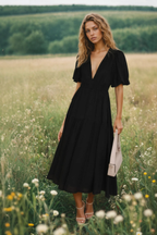 Indie | Midi Dress with V-Neck and Puff Sleeves