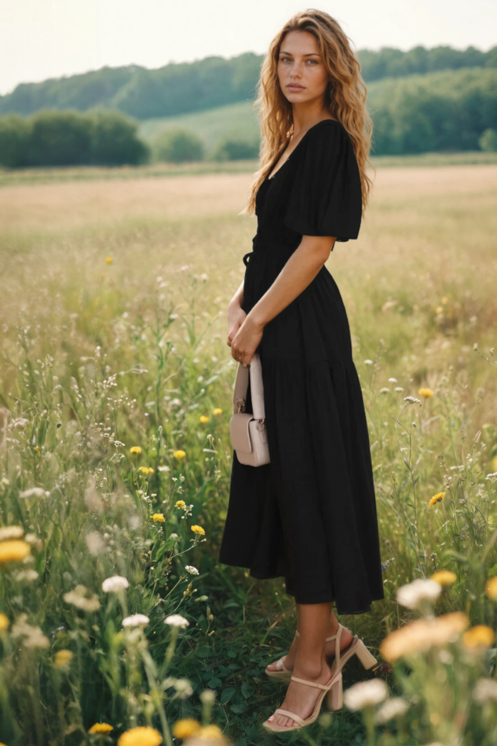 Indie | Midi Dress with V-Neck and Puff Sleeves