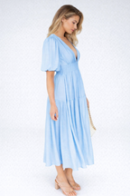 Indie | Midi Dress with V-Neck and Puff Sleeves