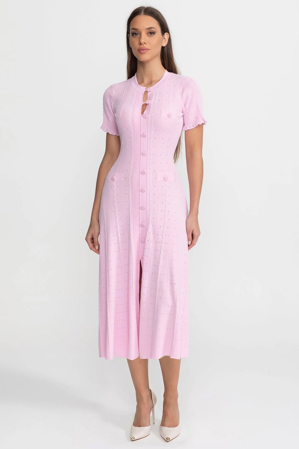 Noor | Scalloped Sleeve Button-Front Knit Midi Dress