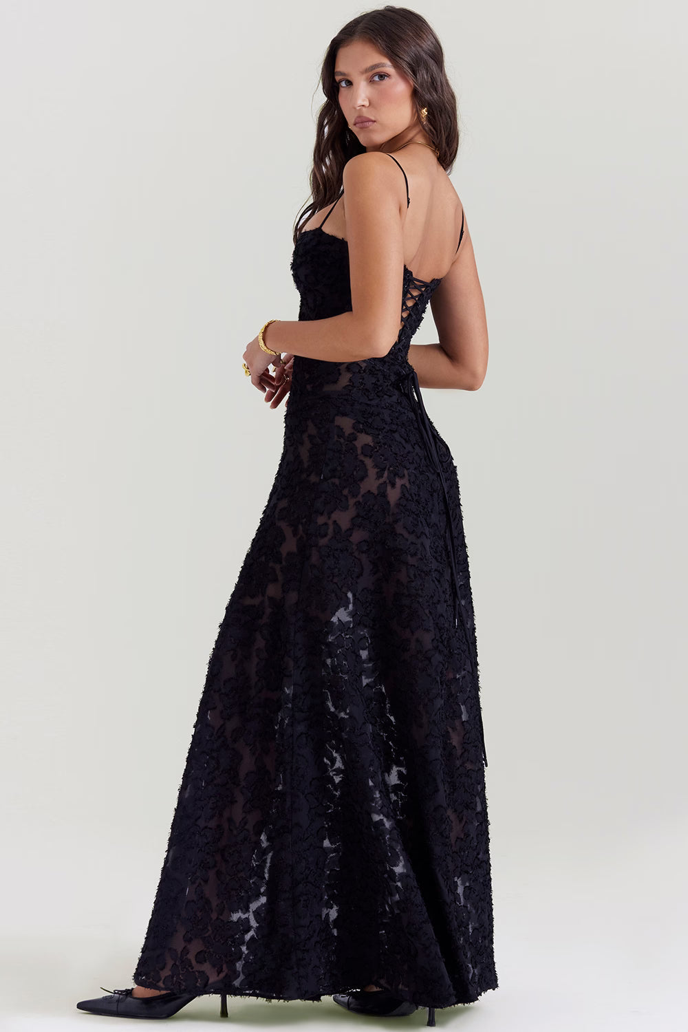 Adelle | Floral Jacquard Lace-Up Maxi Dress
