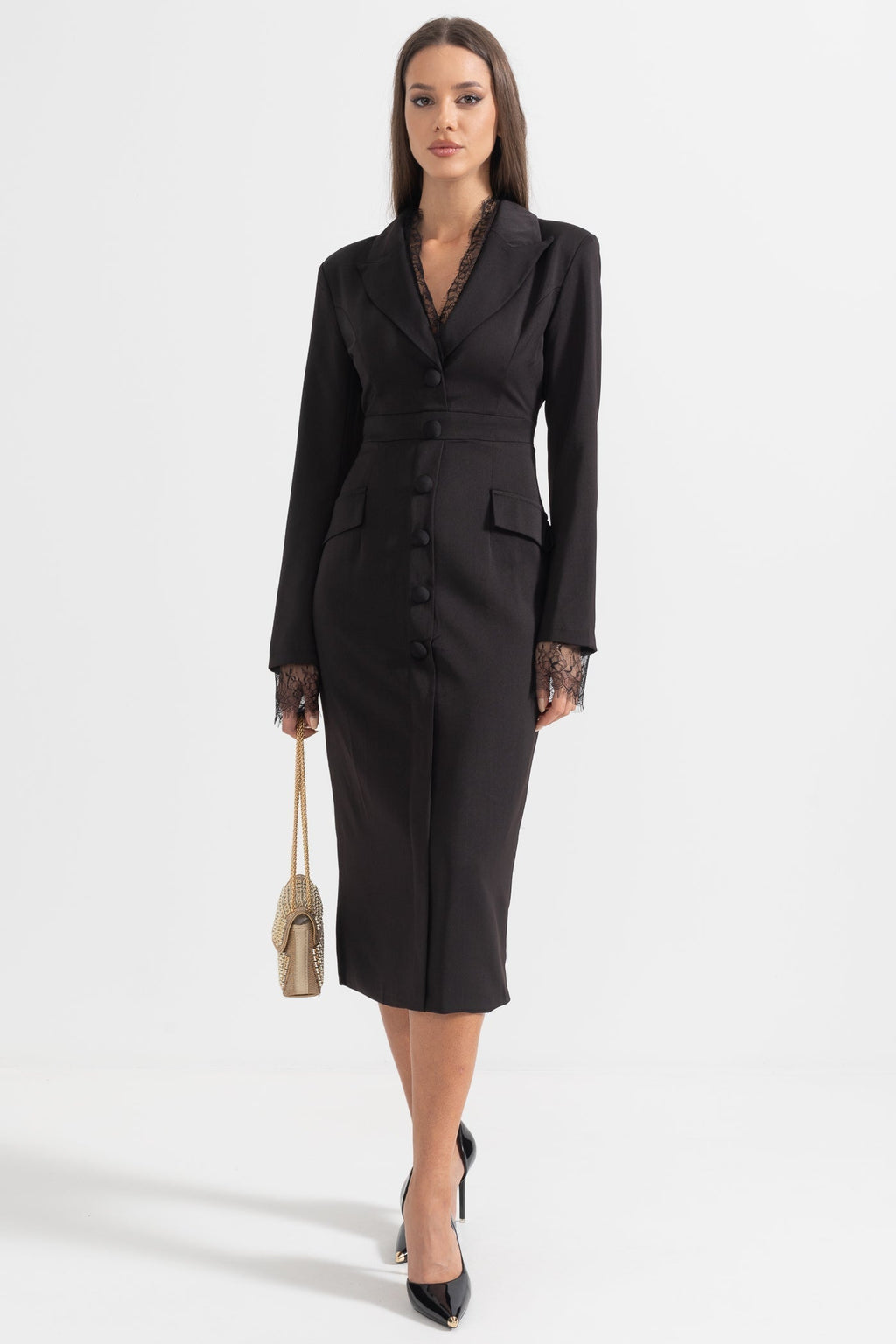 Reva | Buttoned Lace-Trim Midi Dress