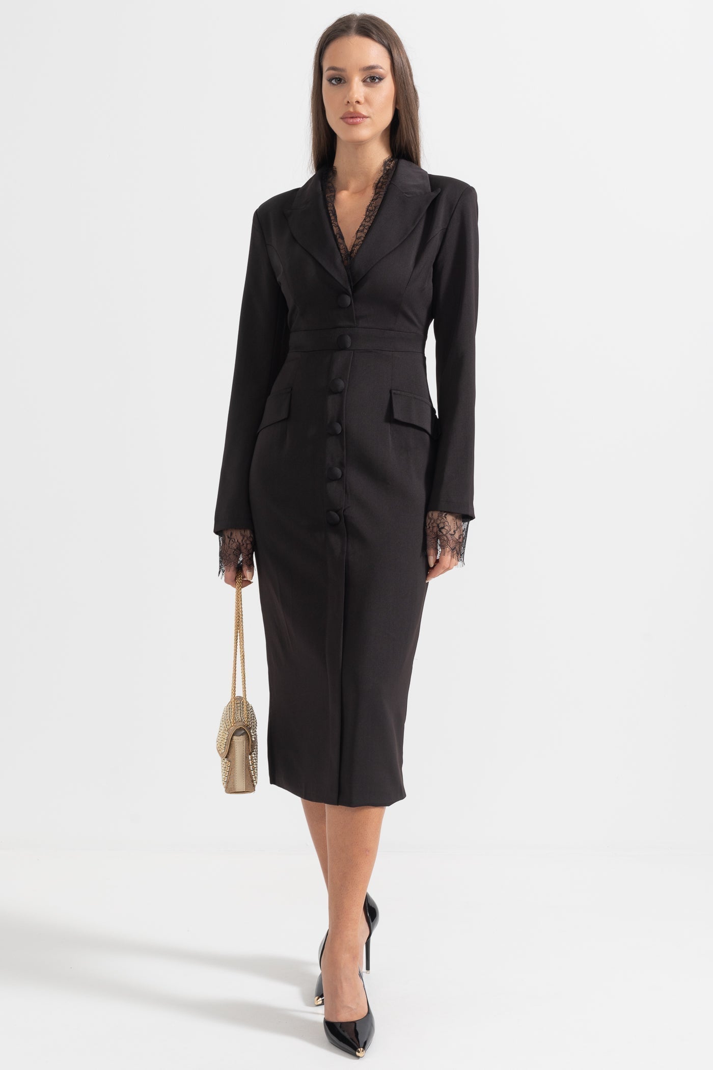 Reva | Buttoned Lace-Trim Midi Dress