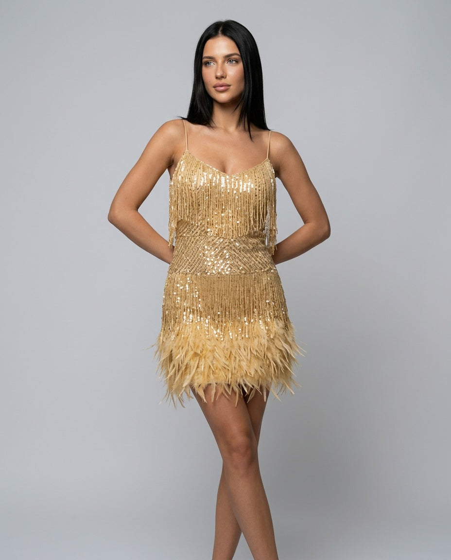 Roxie | Mini Sequin Dress with Feather Tassels