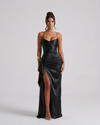 Sabine | Draped Ruched Waist Satin Maxi Dress