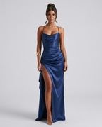 Sabine | Draped Ruched Waist Satin Maxi Dress