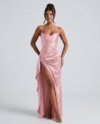 Sabine | Draped Ruched Waist Satin Maxi Dress