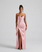 Sabine | Draped Ruched Waist Satin Maxi Dress