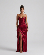 Sabine | Draped Ruched Waist Satin Maxi Dress