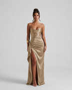 Sabine | Draped Ruched Waist Satin Maxi Dress