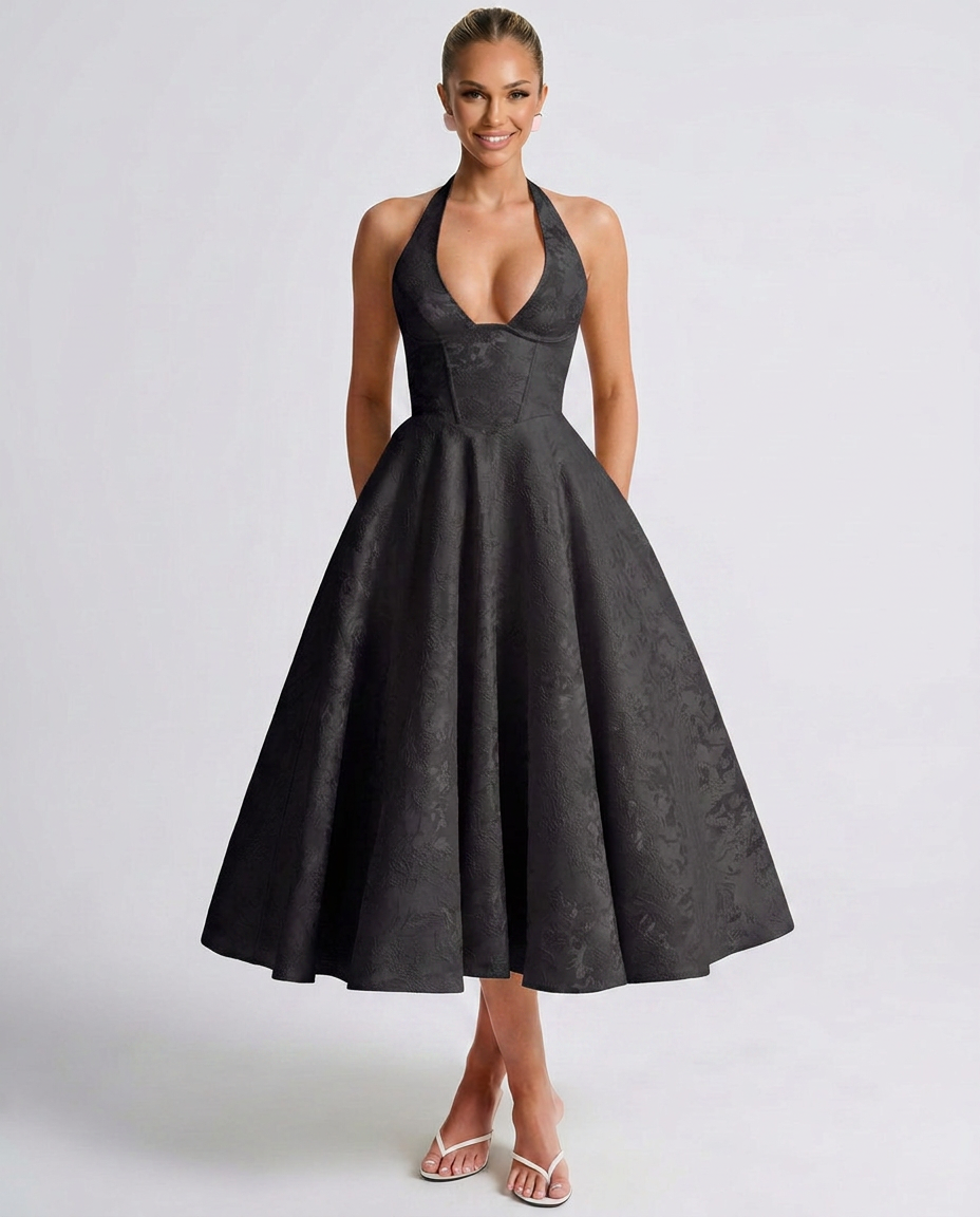 Marci | Midi Dress with Floral Jacquard and Halterneck