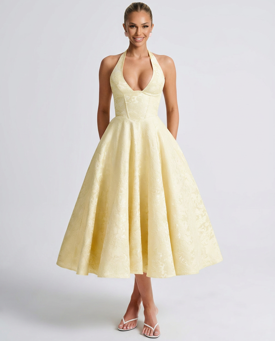 Marci | Midi Dress with Floral Jacquard and Halterneck