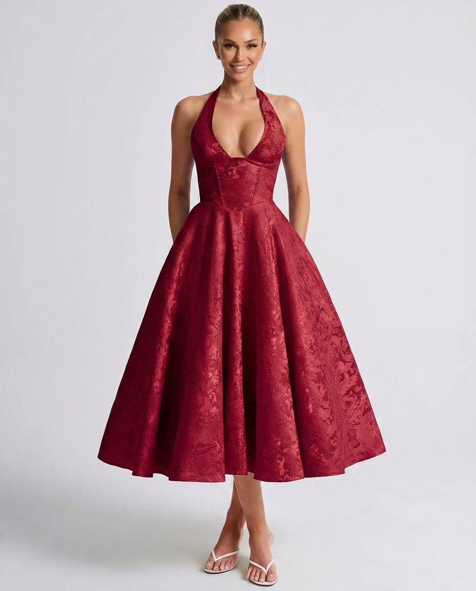 Marci | Midi Dress with Floral Jacquard and Halterneck