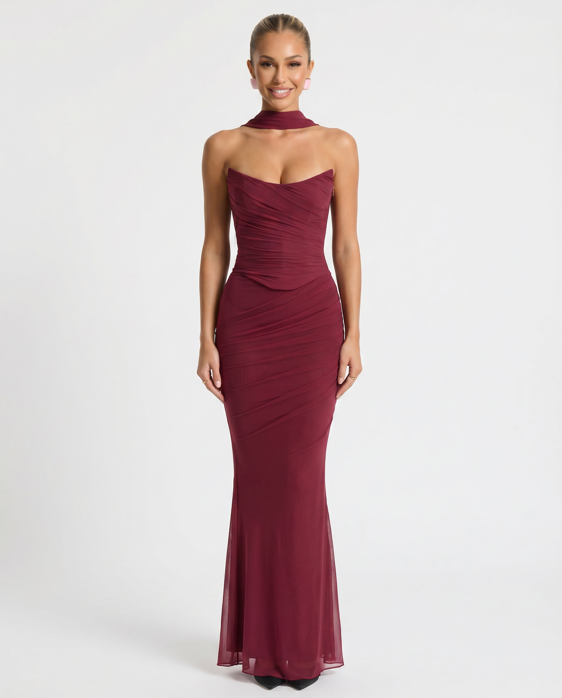 Mariska | Maxi Dress with Ruched Mesh and Fluted Hem