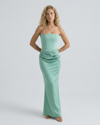 Cleo | Strapless Corset Maxi Dress with Draped Skirt