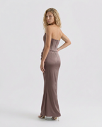 Cleo | Strapless Corset Maxi Dress with Draped Skirt