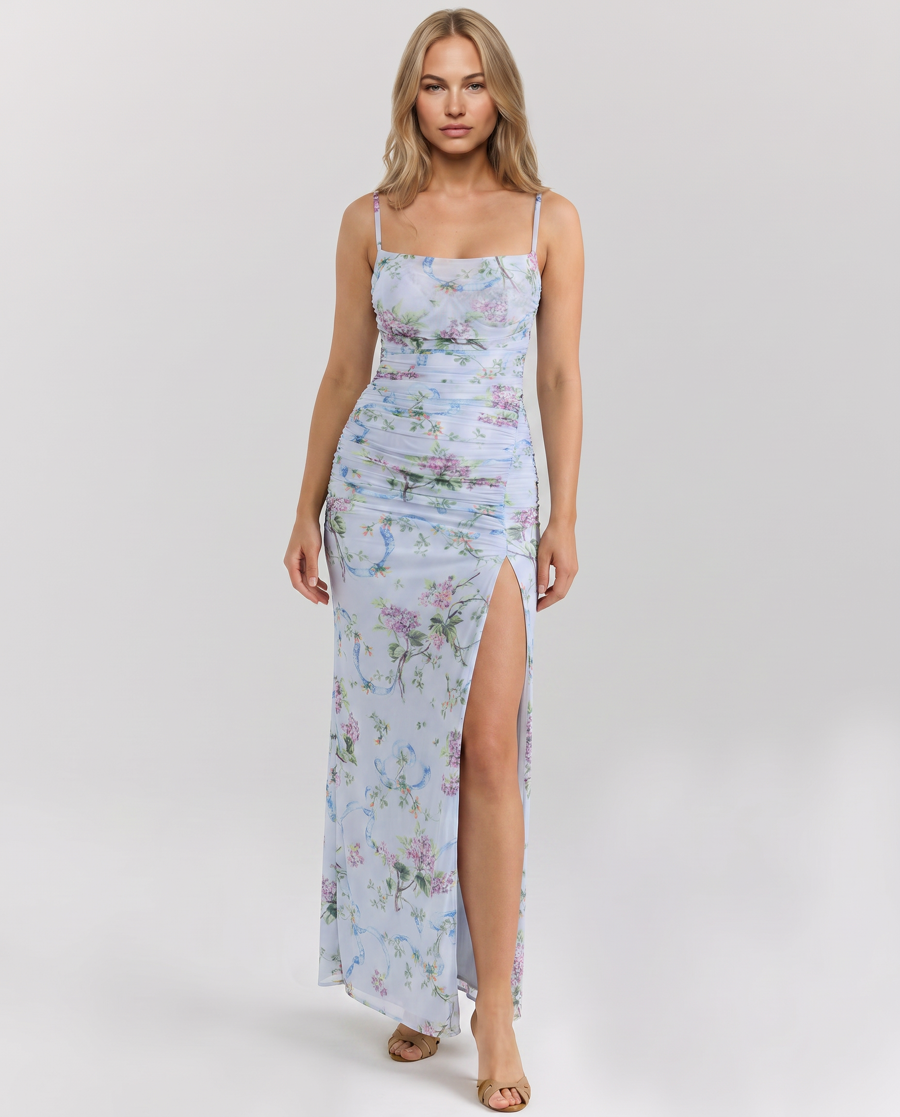 Lidia | Maxi Dress with Side Split and Ruched Mesh