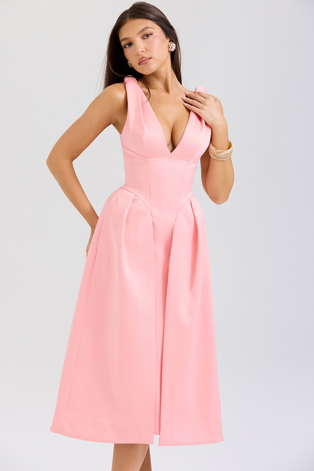 Carissa | Satin-Look Pleated Midi Dress with V-Neck Bodice