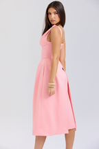 Carissa | Satin-Look Pleated Midi Dress with V-Neck Bodice