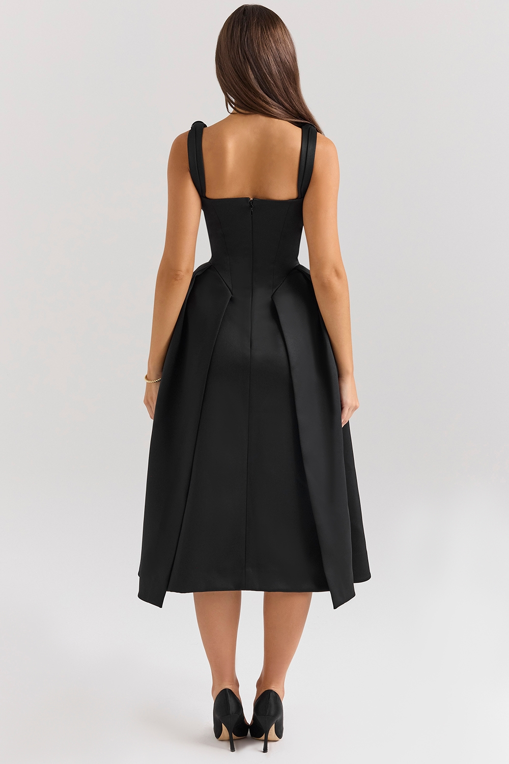 Carissa | Satin-Look Pleated Midi Dress with V-Neck Bodice