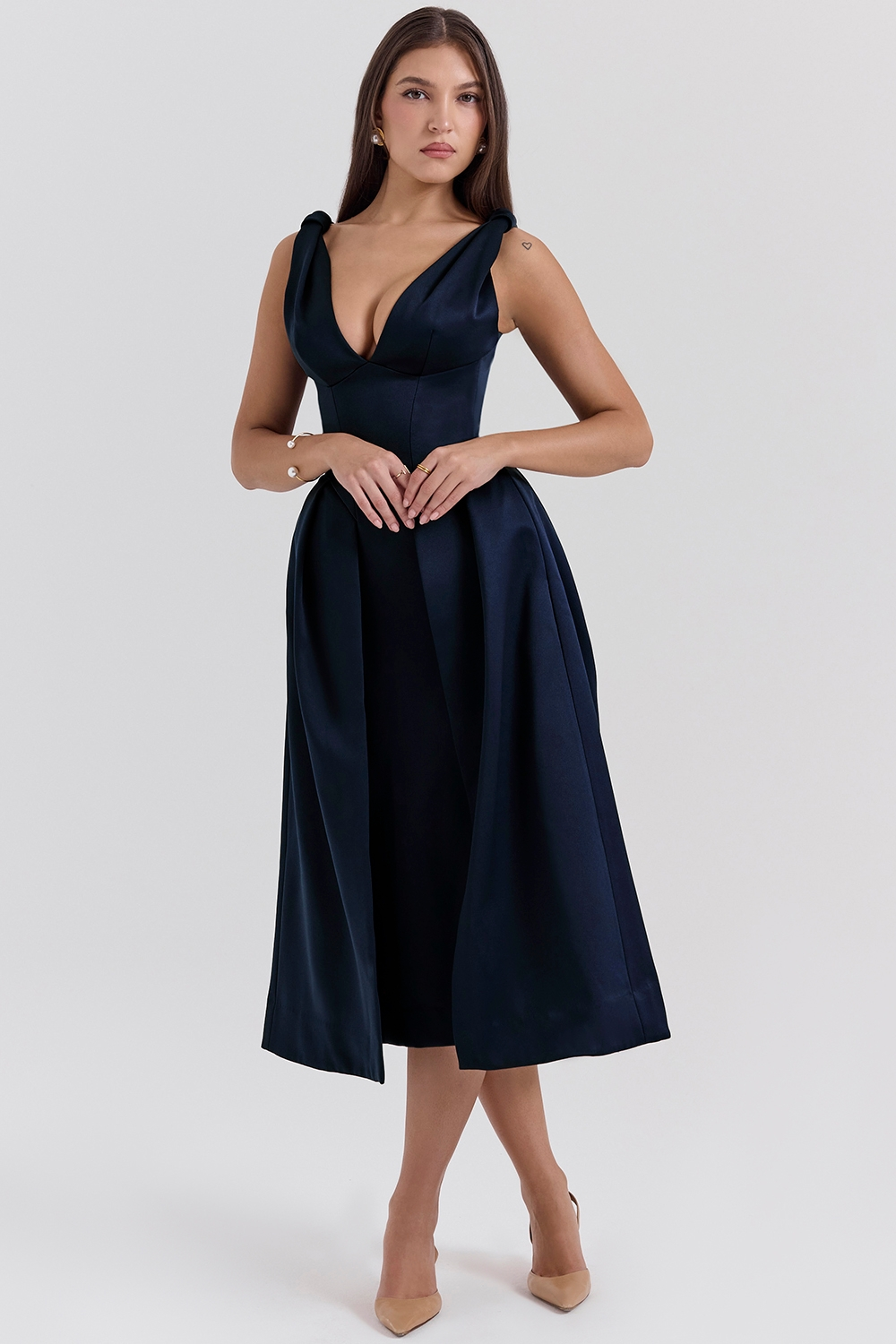 Carissa | Satin-Look Pleated Midi Dress with V-Neck Bodice