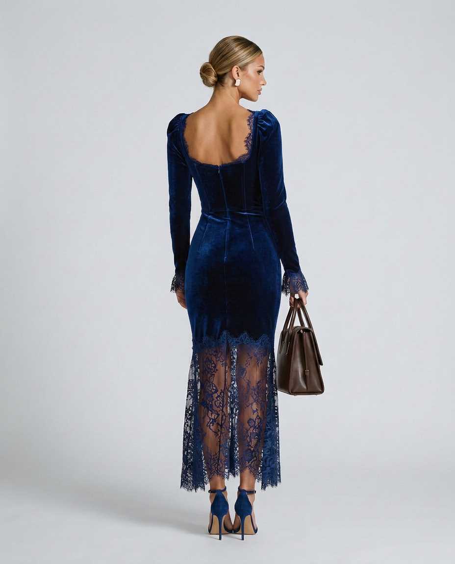 Winnie | Velvet Lace Fitted Maxi Dress with Long Sleeves