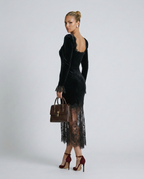 Winnie | Velvet Lace Fitted Maxi Dress with Long Sleeves