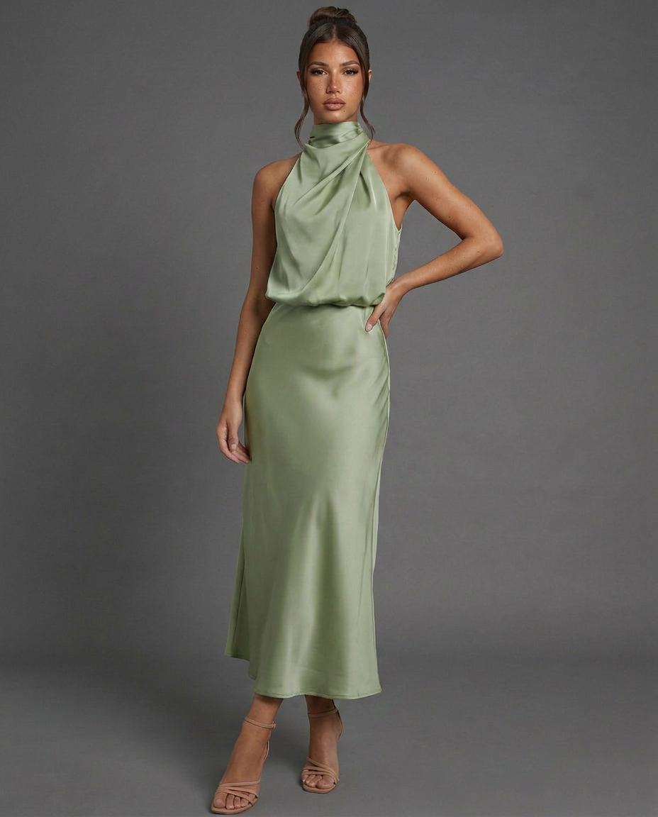 Celine | Draped Halterneck Satin Midi