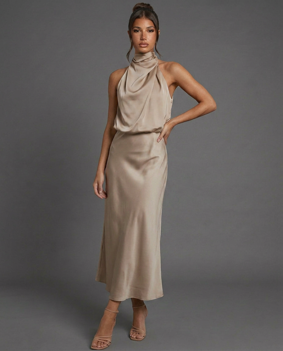 Celine | Draped Halterneck Satin Midi