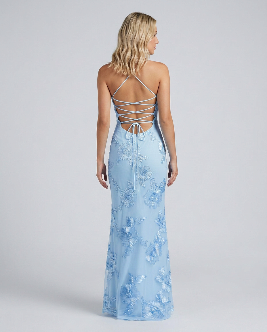 Angela | Maxi Dress with Floral Appliqué and Lace-Up Back