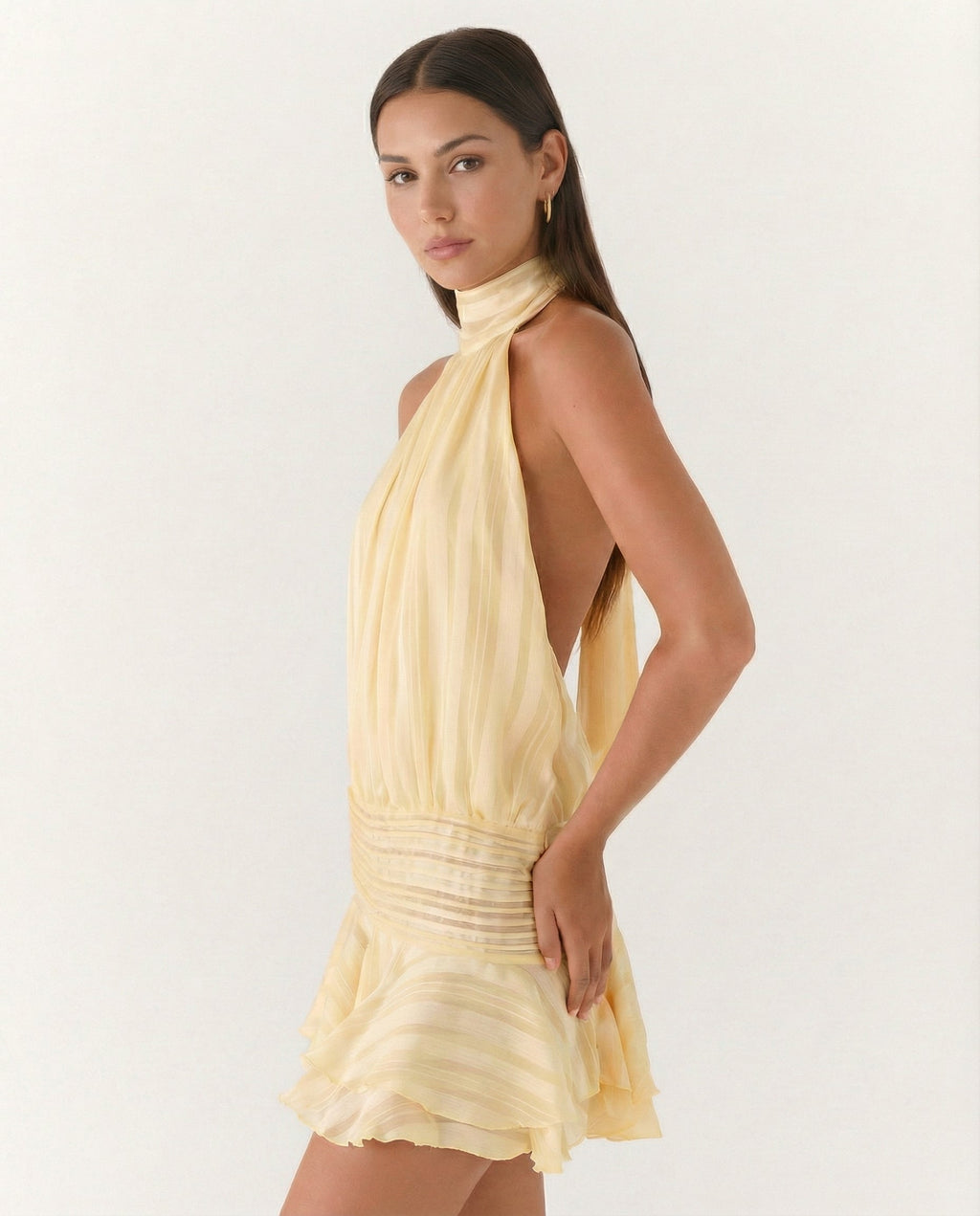 Deborah | Halter Neck Pleated Playsuit with Ruffle Overlay