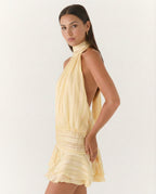 Deborah | Halter Neck Pleated Playsuit with Ruffle Overlay