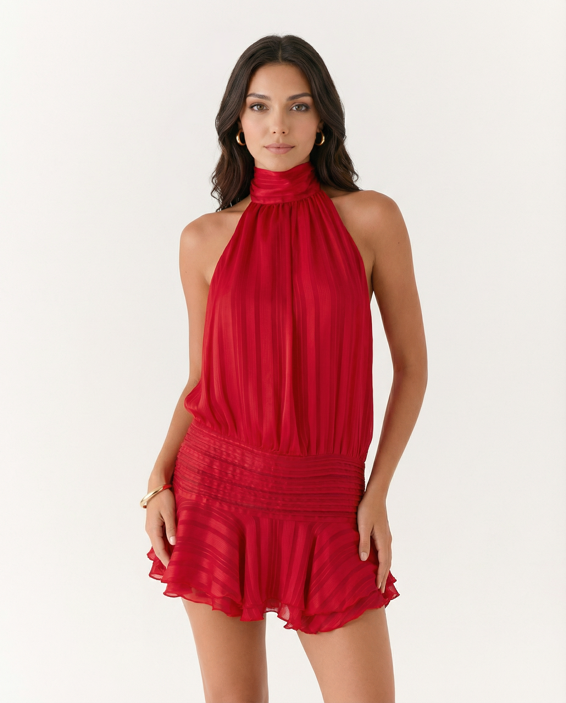 Deborah | Halter Neck Pleated Playsuit with Ruffle Overlay