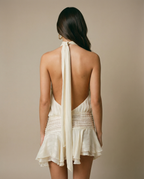 Deborah | Halter Neck Pleated Playsuit with Ruffle Overlay