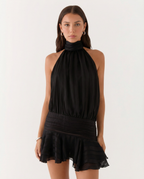 Deborah | Halter Neck Pleated Playsuit with Ruffle Overlay