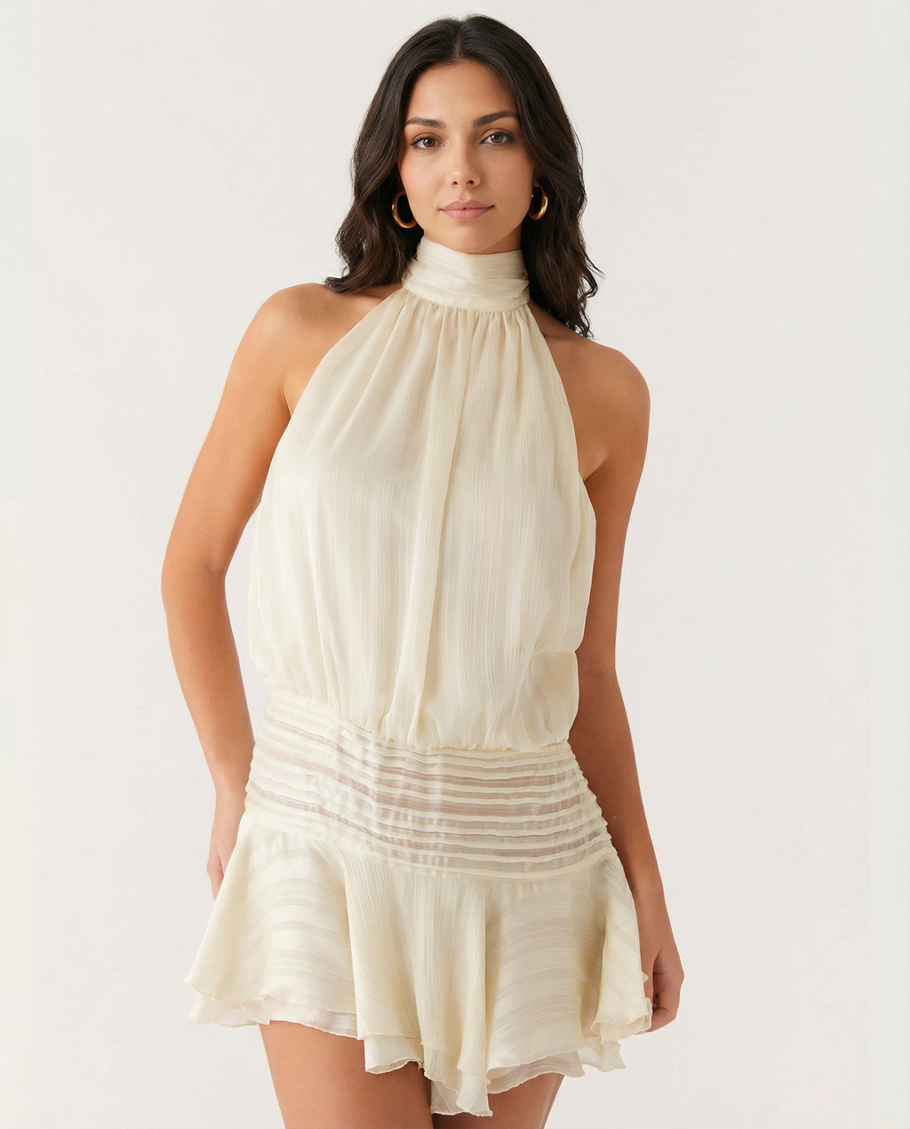 Deborah | Halter Neck Pleated Playsuit with Ruffle Overlay