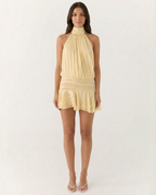 Deborah | Halter Neck Pleated Playsuit with Ruffle Overlay