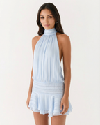 Deborah | Halter Neck Pleated Playsuit with Ruffle Overlay