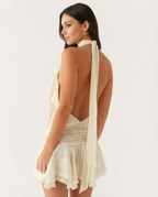 Deborah | Halter Neck Pleated Playsuit with Ruffle Overlay