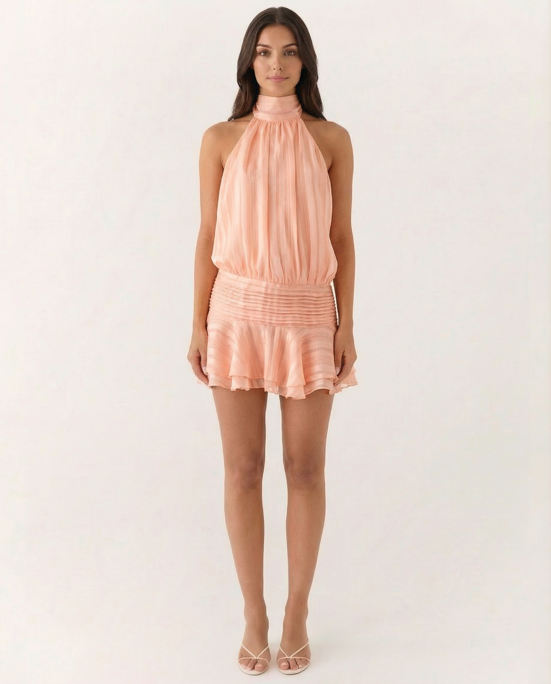 Deborah | Halter Neck Pleated Playsuit with Ruffle Overlay