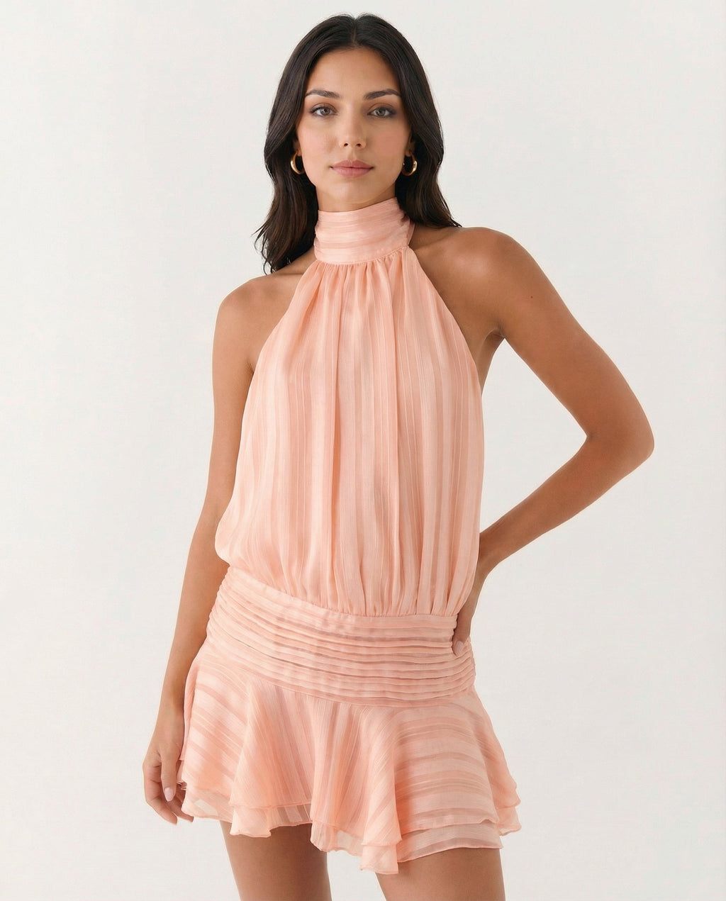 Deborah | Halter Neck Pleated Playsuit with Ruffle Overlay