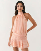 Deborah | Halter Neck Pleated Playsuit with Ruffle Overlay