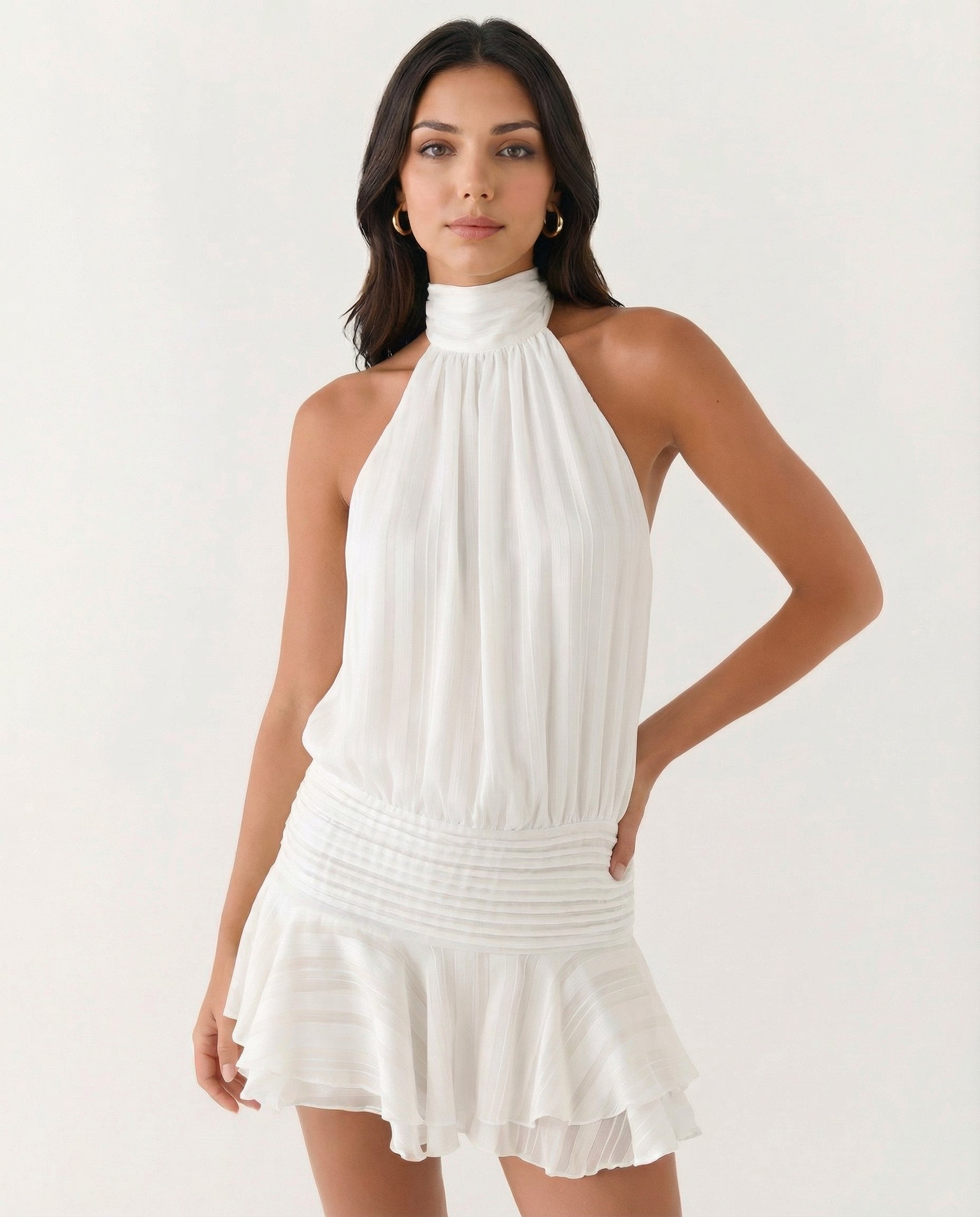 Deborah | Halter Neck Pleated Playsuit with Ruffle Overlay