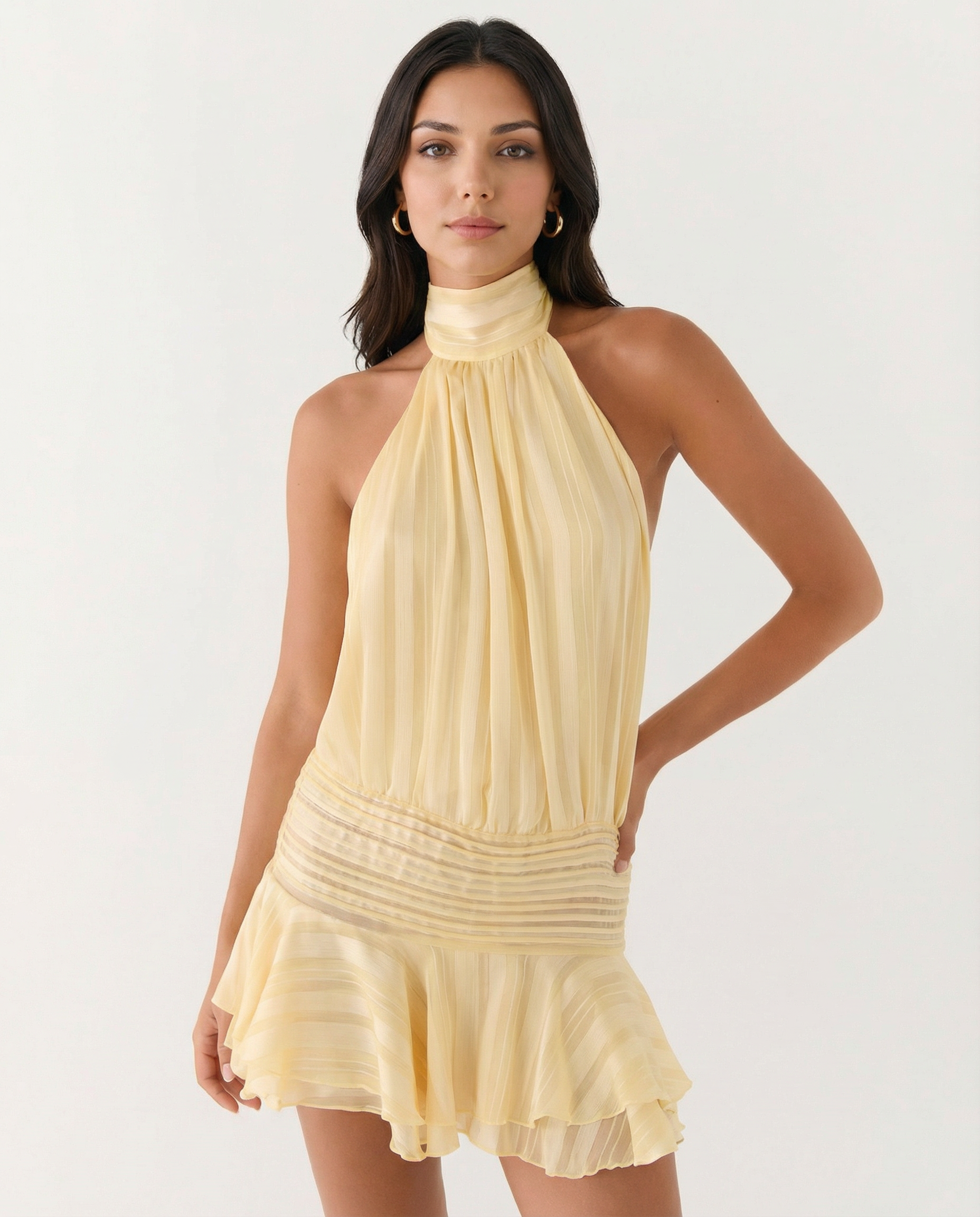 Deborah | Halter Neck Pleated Playsuit with Ruffle Overlay