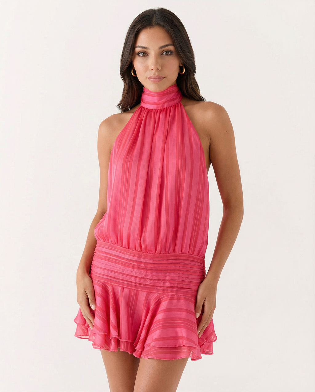 Deborah | Halter Neck Pleated Playsuit with Ruffle Overlay